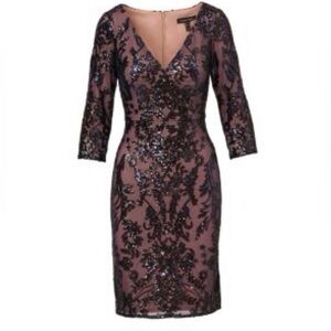 Papell Studio Beaded V-Neck Short Dress Navy Rose Gold Size 4 NWT